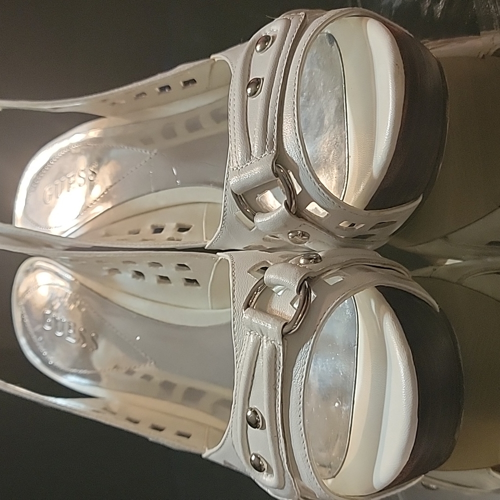 Guess shoes white leather w/ chrome buckles and studs , 8 - Picture 11 of 14
